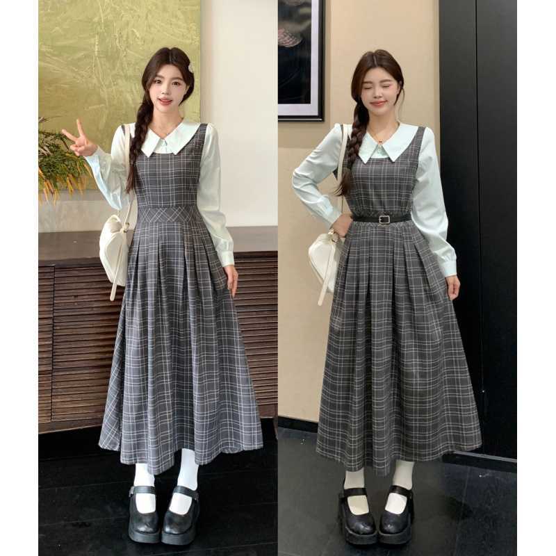 Real Shot~2025 Autum Plus Size Fat mm Slimming Look Color Matching Fake Two-Piece Design Long Dress