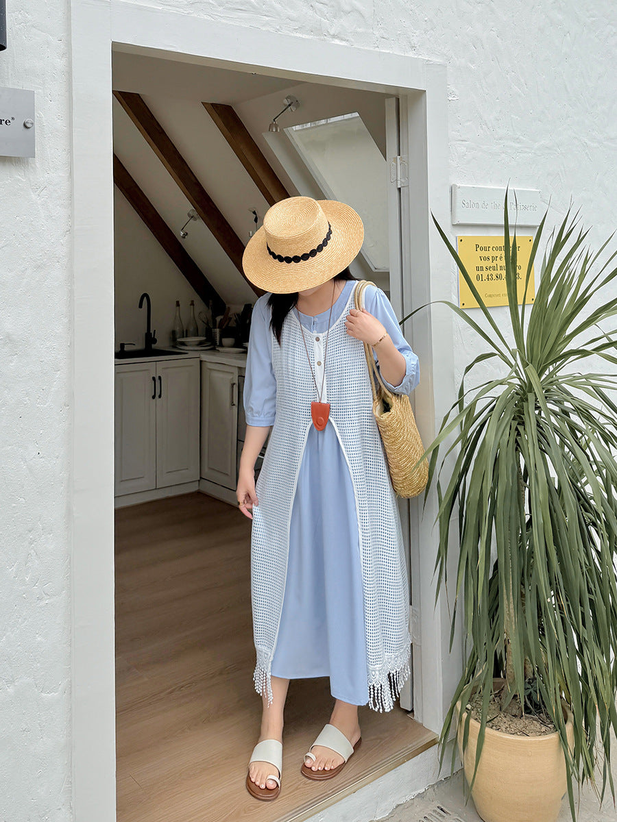 Two days 2025 spring new plus size women's tassel hollow blouse/solid color waist dress 8782AB