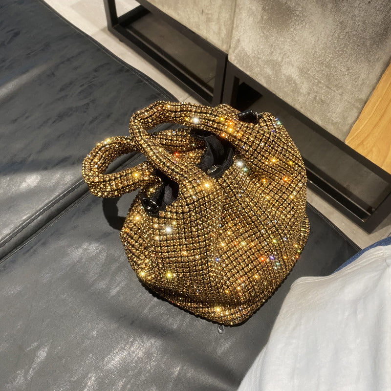 New Rhinestone Handbag Hard Bottom Shaping 2024 Guangzhou Quality Vest Bucket Shoulder Bag Chain Dinner Wallet