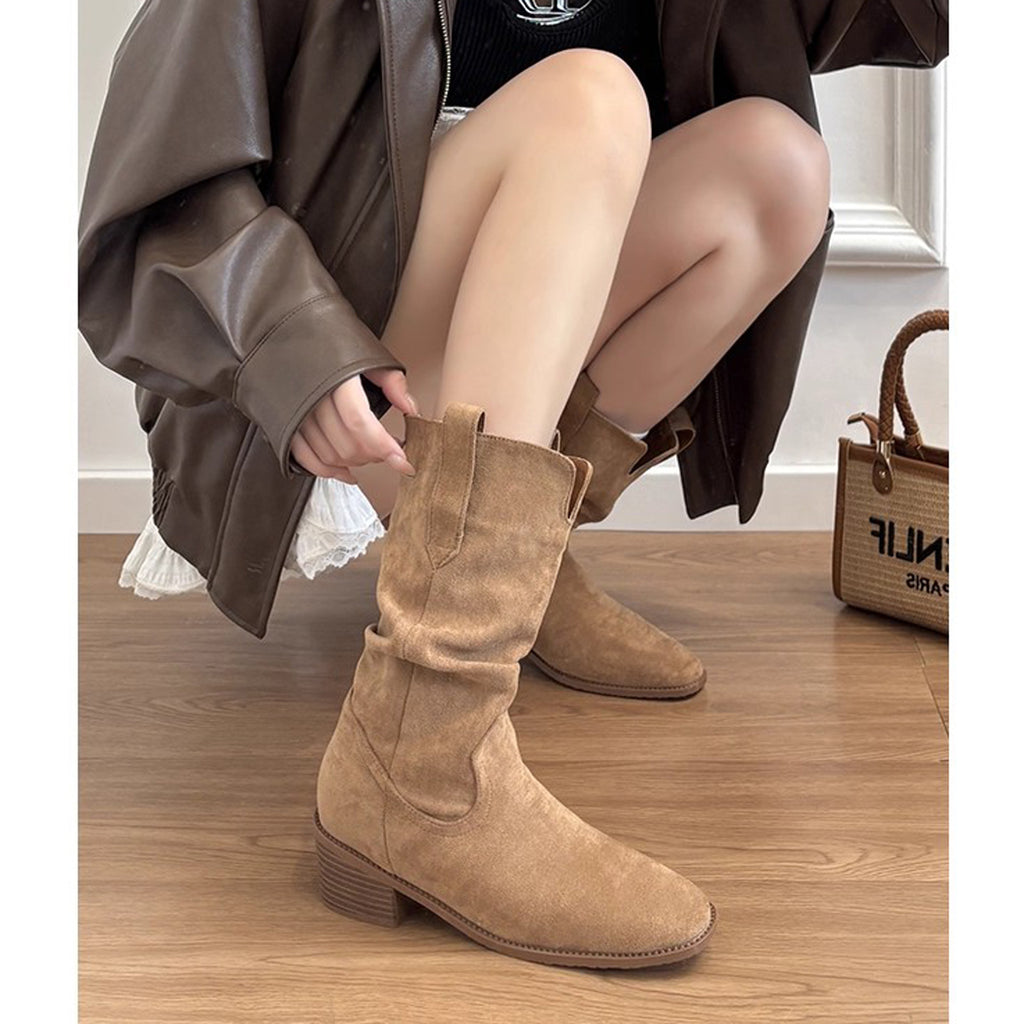 Retro Thick Heel Mid-Calf Boots for Women 2023 New Spring, Autumn and Winter Niche Western Cowboy Shoes Slim Short Boots