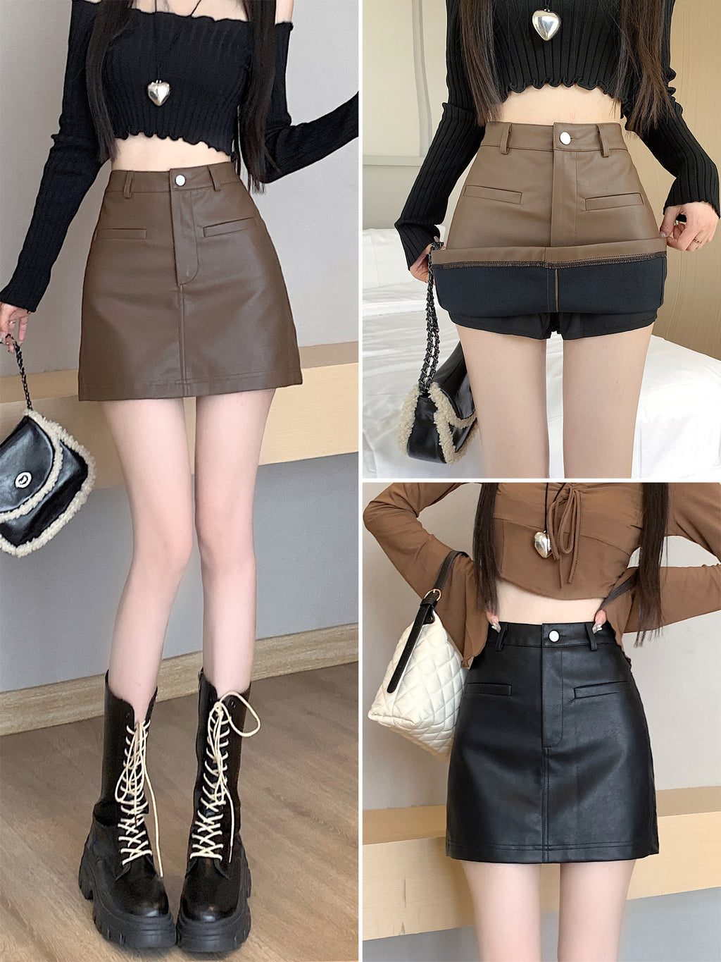 Petite Women's Spring and Autumn High-Waisted Slimming Versatile Bodycon Skirt, Pu Leather Skirt, Coffee-Colored Short Skirt, New A-Line Style