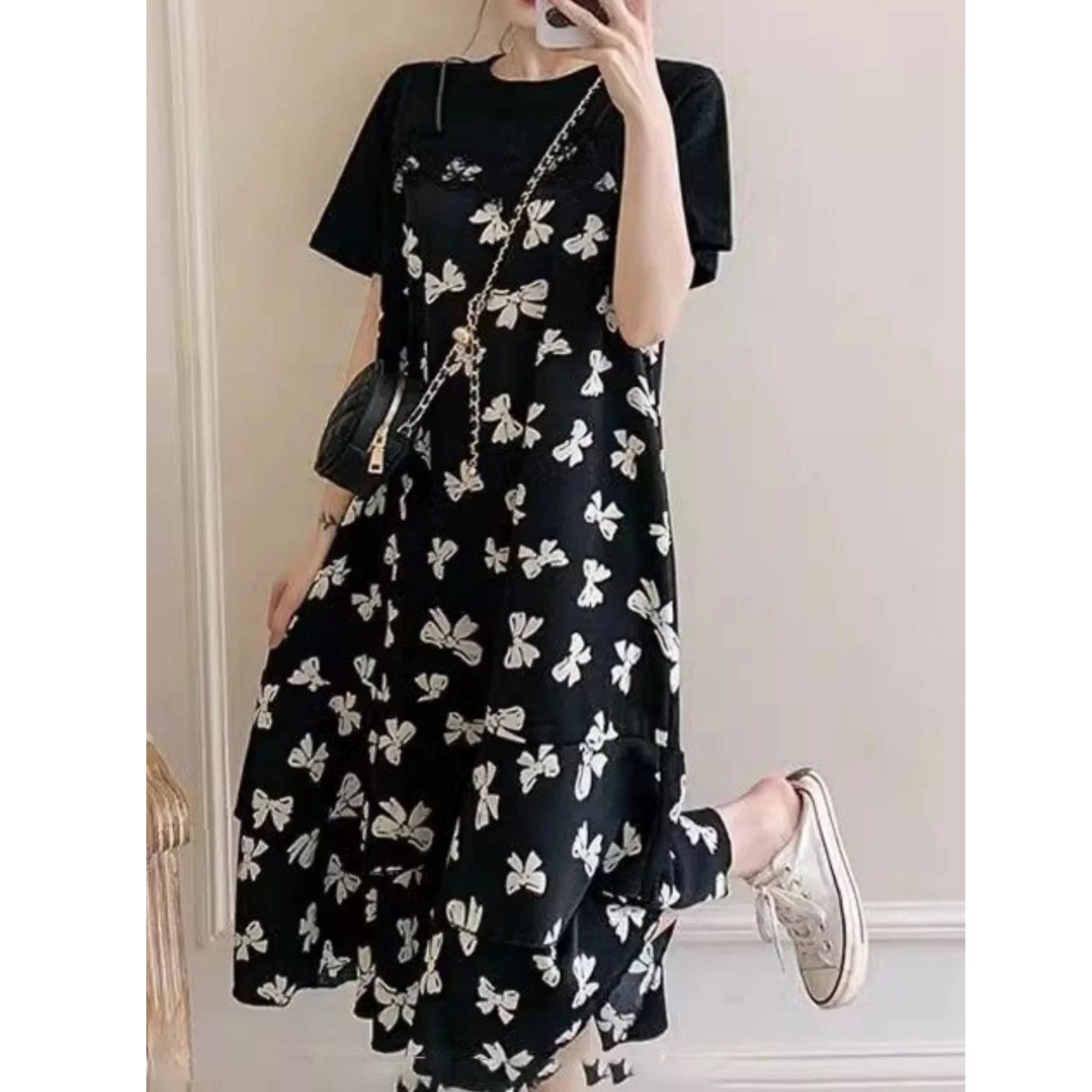 Fake Two-Piece Dress for Women 2026 Summer New French Floral Long Dress Loose Slimming Tea Break Dress Patchwork Dress