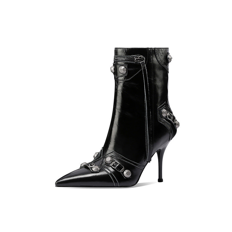 European and American pointed rivet ankle boots new black side zipper fashion stiletto heel punk style boots motorcycle boots