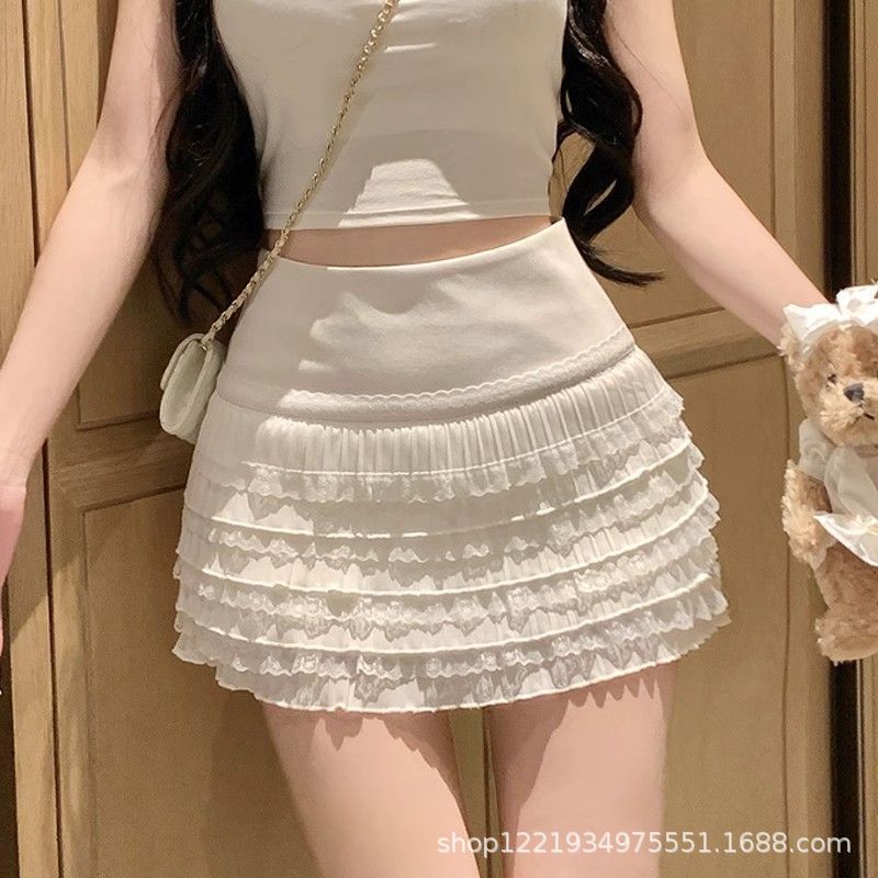 New Korean Style White Skirt, Sweet Hot Girl Lace Hip-Hugging Short Skirt, Women's Summer New High-Waisted Pleated Sweet and Spicy Style