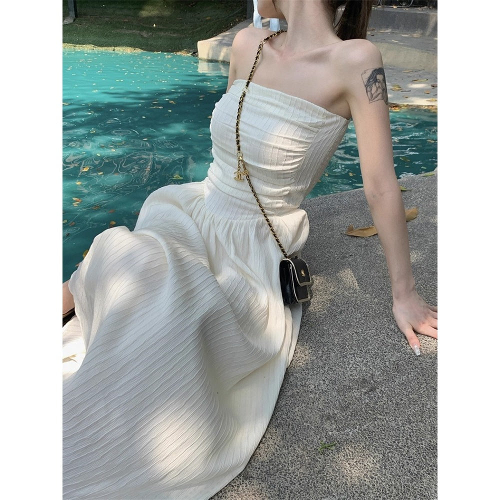 French-Style Off-Shoulder Dress for Women, Summer Spicy Girl Pure Desire Dress, Petite Figure-Flattering Waist-Cinching Elegant Long Dress