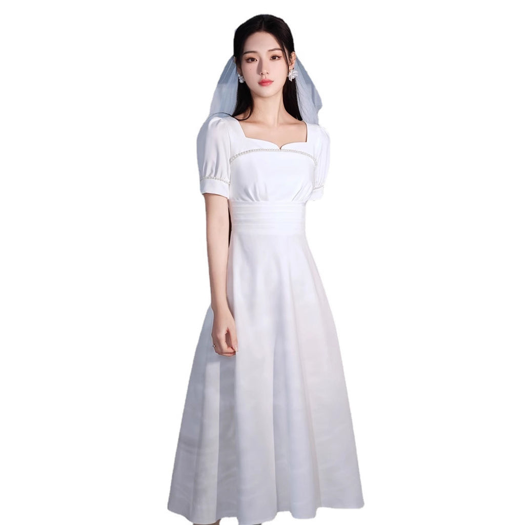 Registration Dress French Square Collar Dress White Dress Daily Wearing Engagement dress White Slim Dress