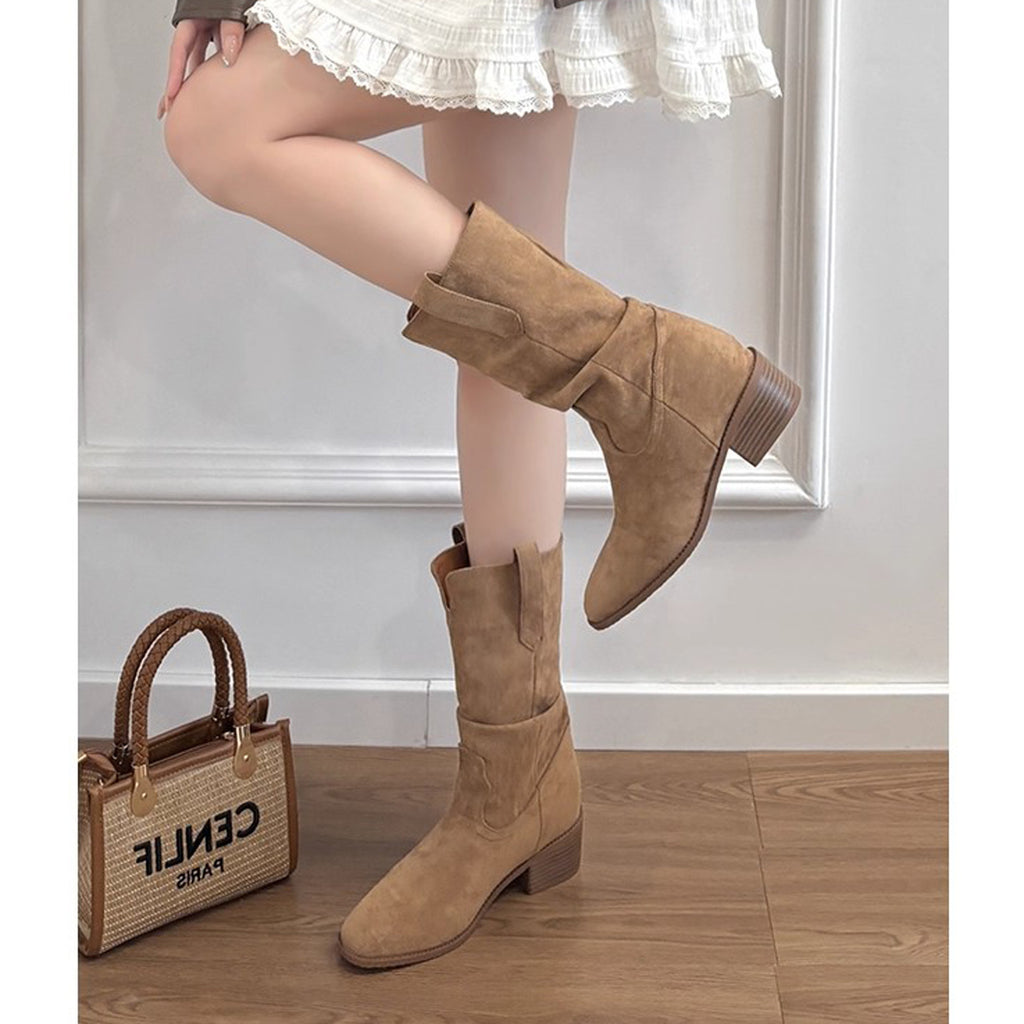 Retro Thick Heel Mid-Calf Boots for Women 2023 New Spring, Autumn and Winter Niche Western Cowboy Shoes Slim Short Boots