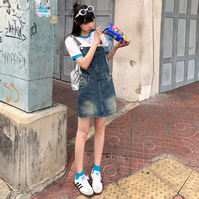 YC & American Retro Sweet Girl Strap Skirt A- line Skirt Slimming Joker dress Denim Skirt Spring and Summer