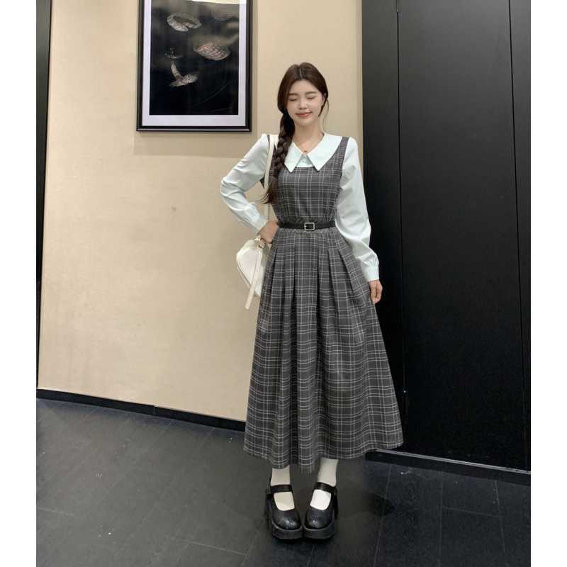 Real Shot~2025 Autum Plus Size Fat mm Slimming Look Color Matching Fake Two-Piece Design Long Dress
