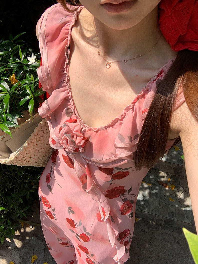 [3.7 10: 00 a.m.] im dress to Twilight Rose Garden ~ V Collar Ruffled Flower Chiffon Holiday Feeling