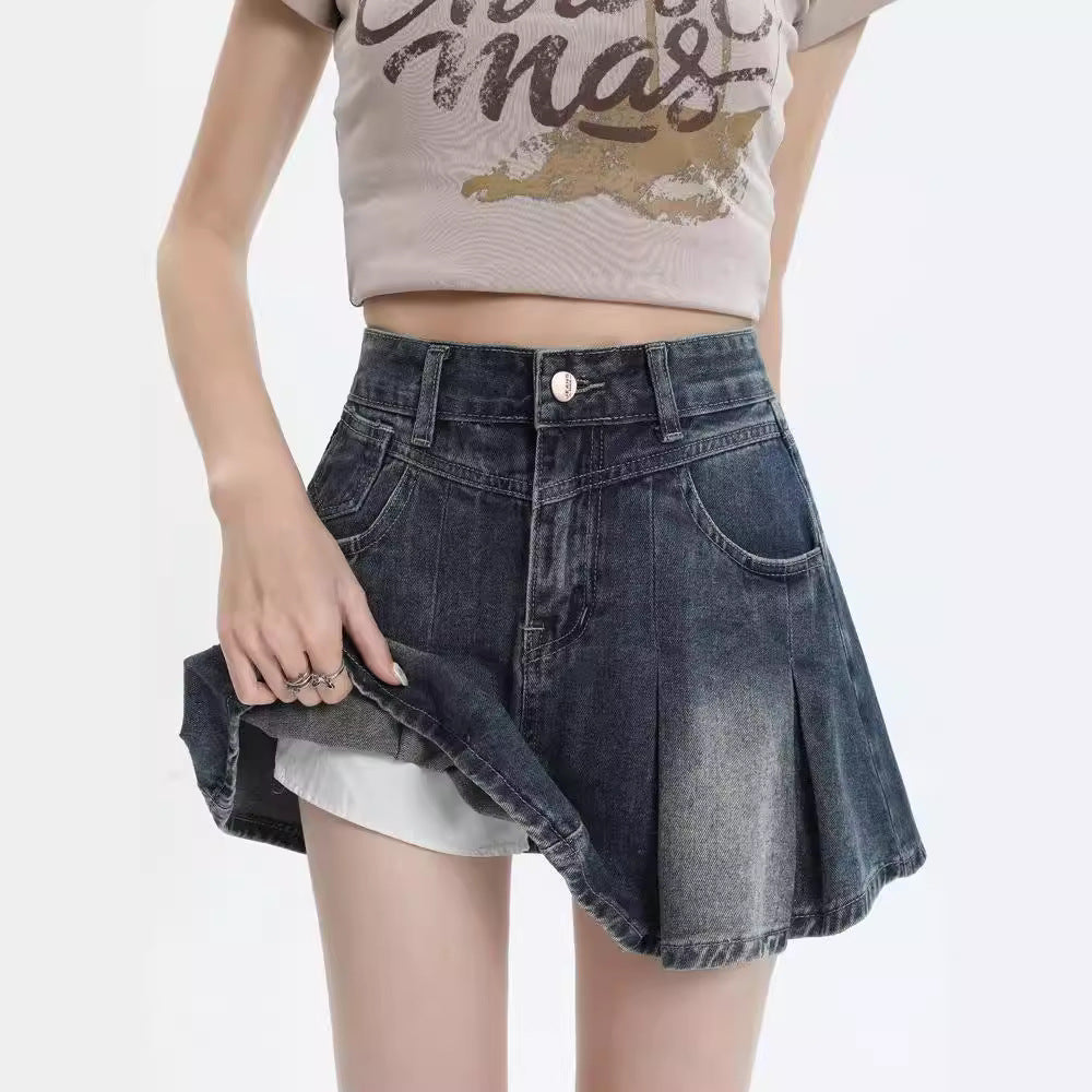 American Style Retro Denim Skirt Women's Summer New Style Small Design Sense A- Line Shorts Pleated Skirt Women's Skirt