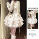Early Spring Outfit for Petite Women: Pure and Desirable Style, High-End Cardigan Jacket, Puffy Cake Dress Two-Piece Set