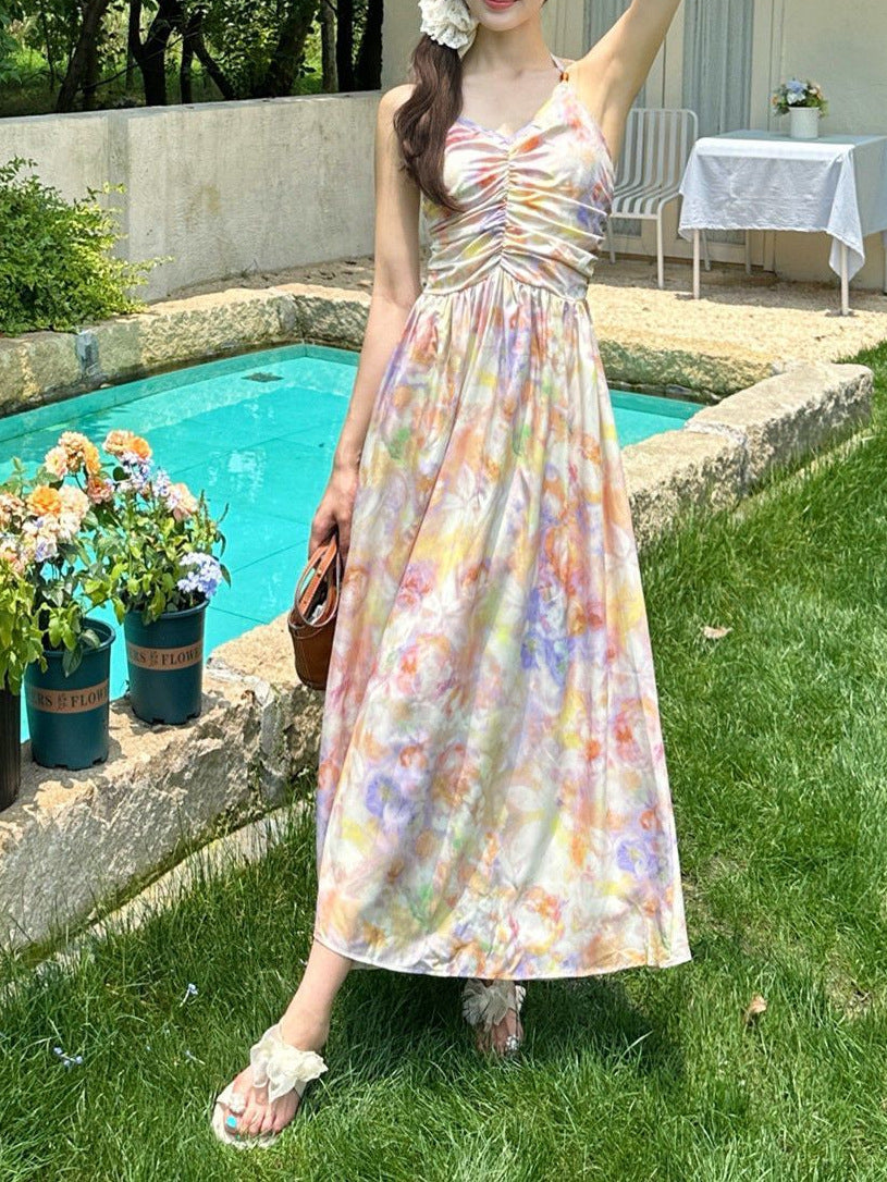 French-Style Oil Painting Halter Neck Spaghetti Strap Dress for Women, New Summer Vacation Style, Backless Floral Mid-Length Dress Ins