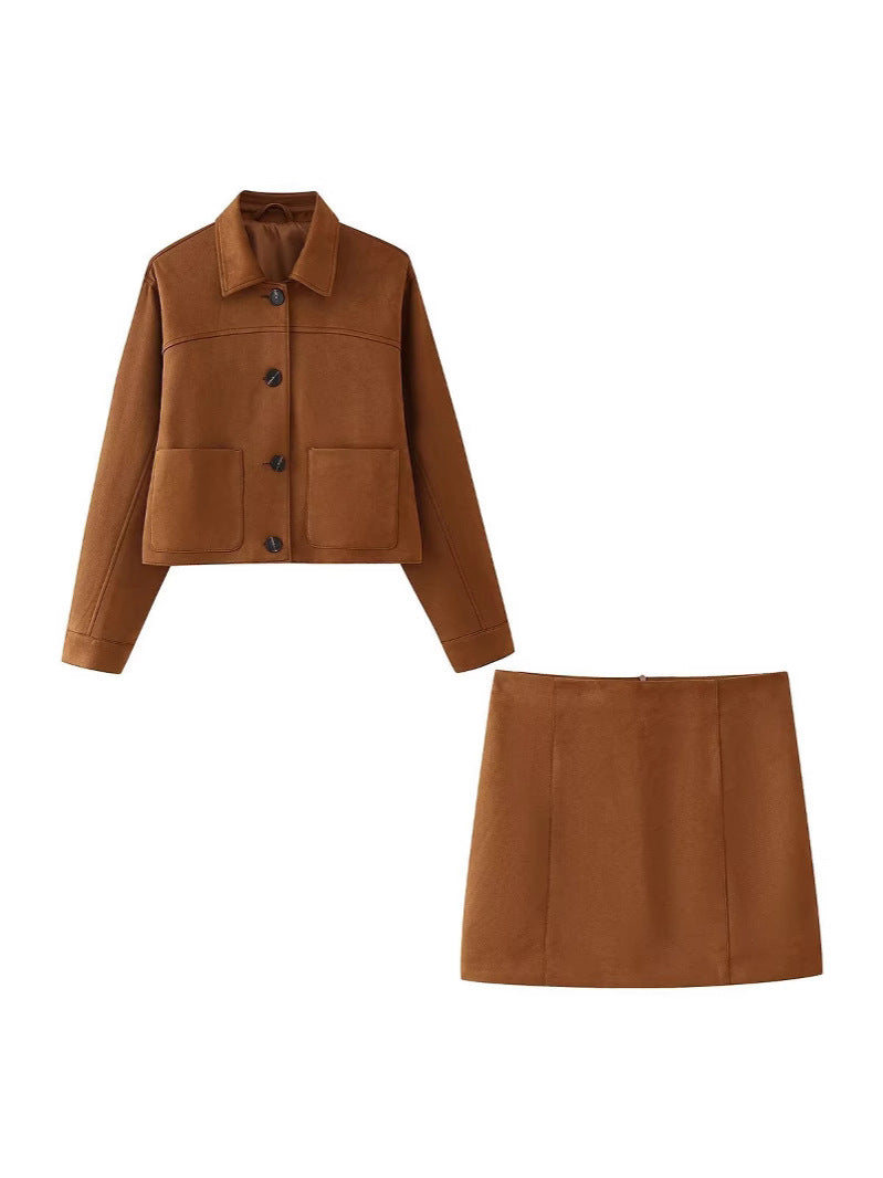 Foreign Trade Wholesale European and American Style Women's New Fashion Versatile Deerskin Velvet Short Jacket Jacket Short Skirt Suit