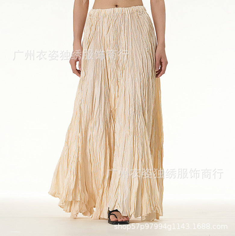 Amazon European and American Style Simple Crinkled Midi Skirt 2026 Summer New Fashion Brand Women's Clothing Trendy Versatile Oversized Flared Skirt