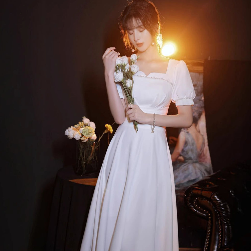 Registration Dress French Square Collar Dress White Dress Daily Wearing Engagement dress White Slim Dress