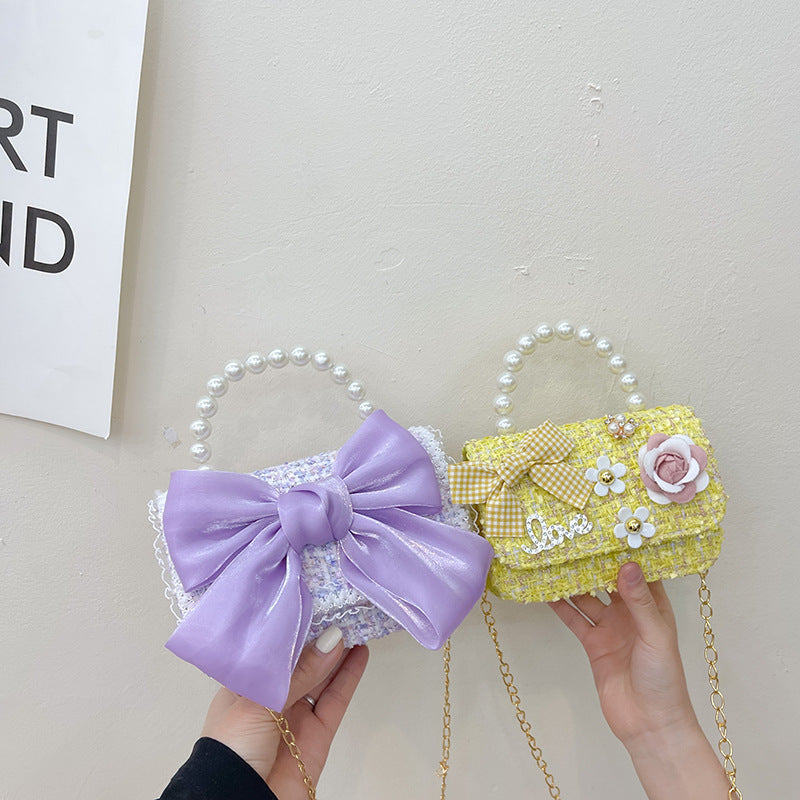 New Korean Fashion Woolen Cotton Linen Women's Children's Bow Pearl Handbag Handbag Women's Bag