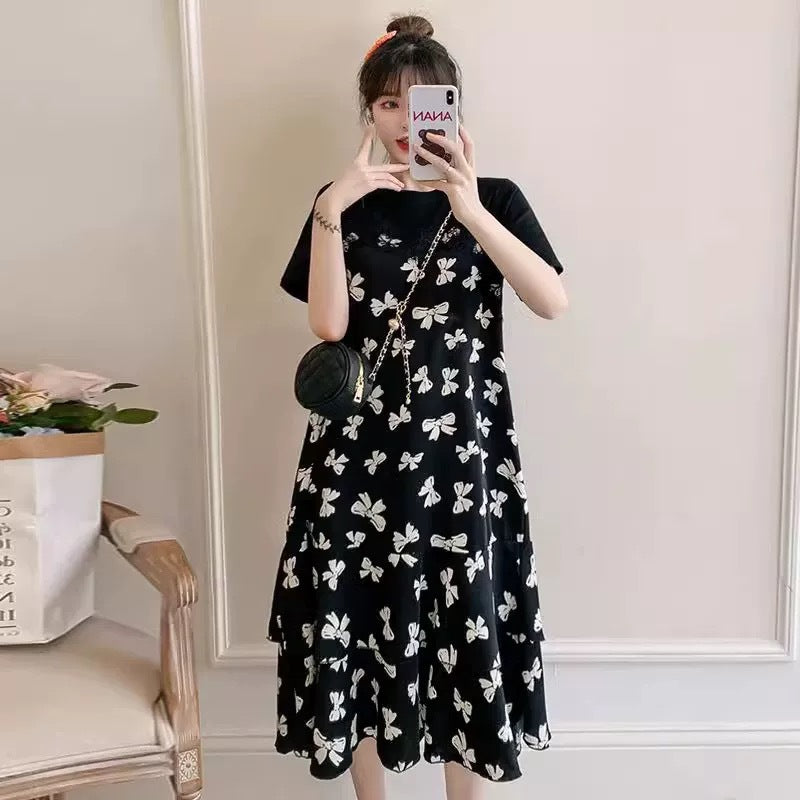 Fake Two-Piece Dress for Women 2026 Summer New French Floral Long Dress Loose Slimming Tea Break Dress Patchwork Dress