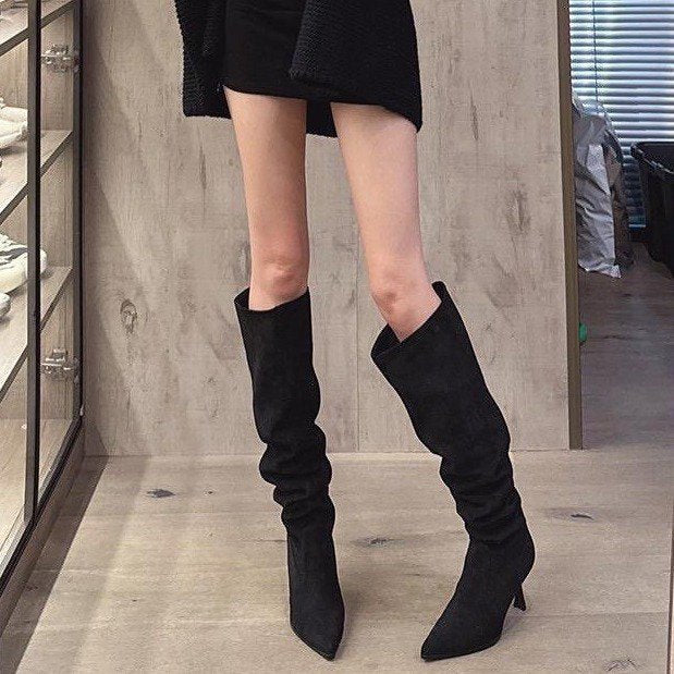 European and American Style Trendy Women's Retro Pointed Toe Stiletto High Heel Boots with Ruched Two-Way Wear Slouch Boots in Khaki Gray Long Boots