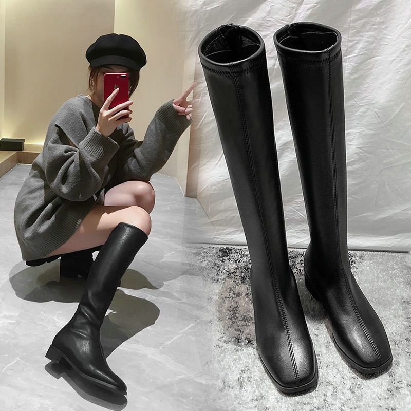 Long Boots for Women, Knight Boots, No More Than Knee-High Street Style Square-Toe Boots, Spring and Autumn New Style, Rear Zipper, Slimming High Boots for Women