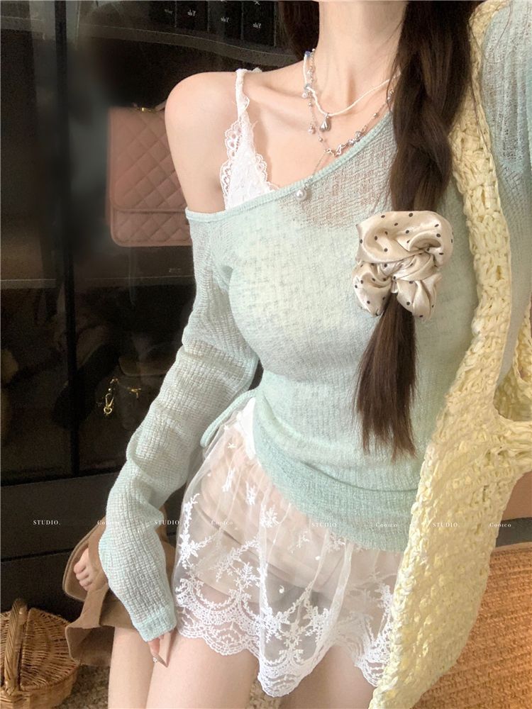 Light Green Off-Shoulder Long-Sleeved T-Shirt for Women Spring See-Through Thin Sun Protection Blouse Drawstring Slim Chic Versatile Top
