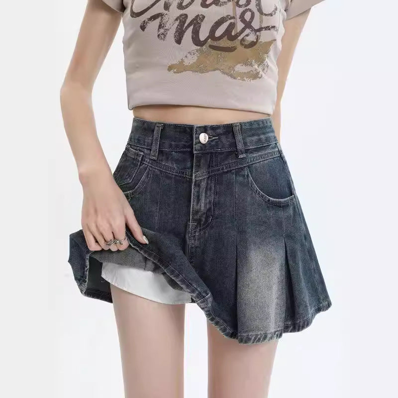 American Style Retro Denim Skirt Women's Summer New Style Small Design Sense A- Line Shorts Pleated Skirt Women's Skirt