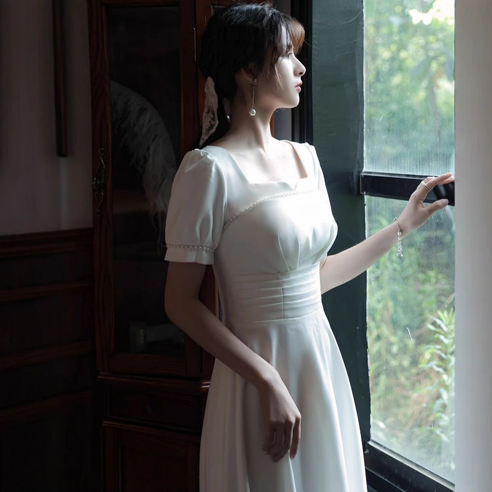 Registration Dress French Square Collar Dress White Dress Daily Wearing Engagement dress White Slim Dress