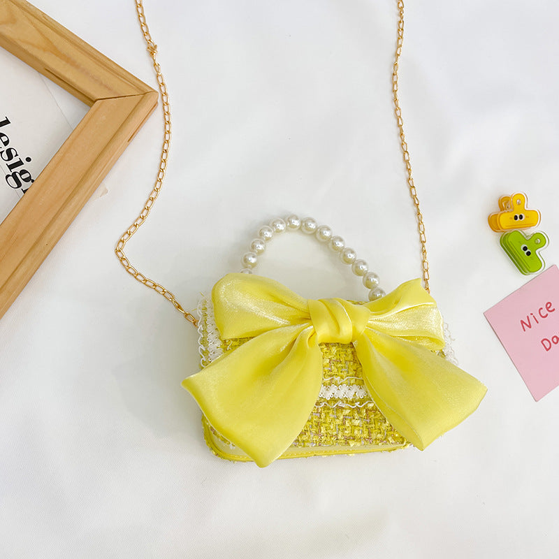 New Korean Fashion Woolen Cotton Linen Women's Children's Bow Pearl Handbag Handbag Women's Bag