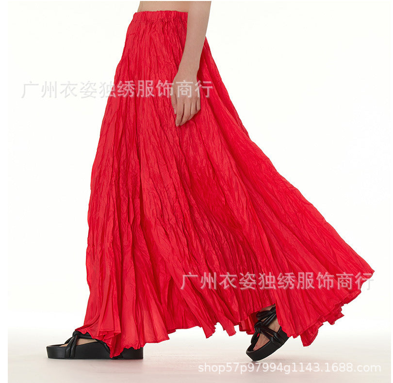 Amazon European and American Style Simple Crinkled Midi Skirt 2026 Summer New Fashion Brand Women's Clothing Trendy Versatile Oversized Flared Skirt