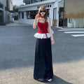 Raccoon House # Summer High-Waisted Denim Long Skirt for Women Denim Original Color Slit Dark Blue Tall A-Line Skirt Wholesale