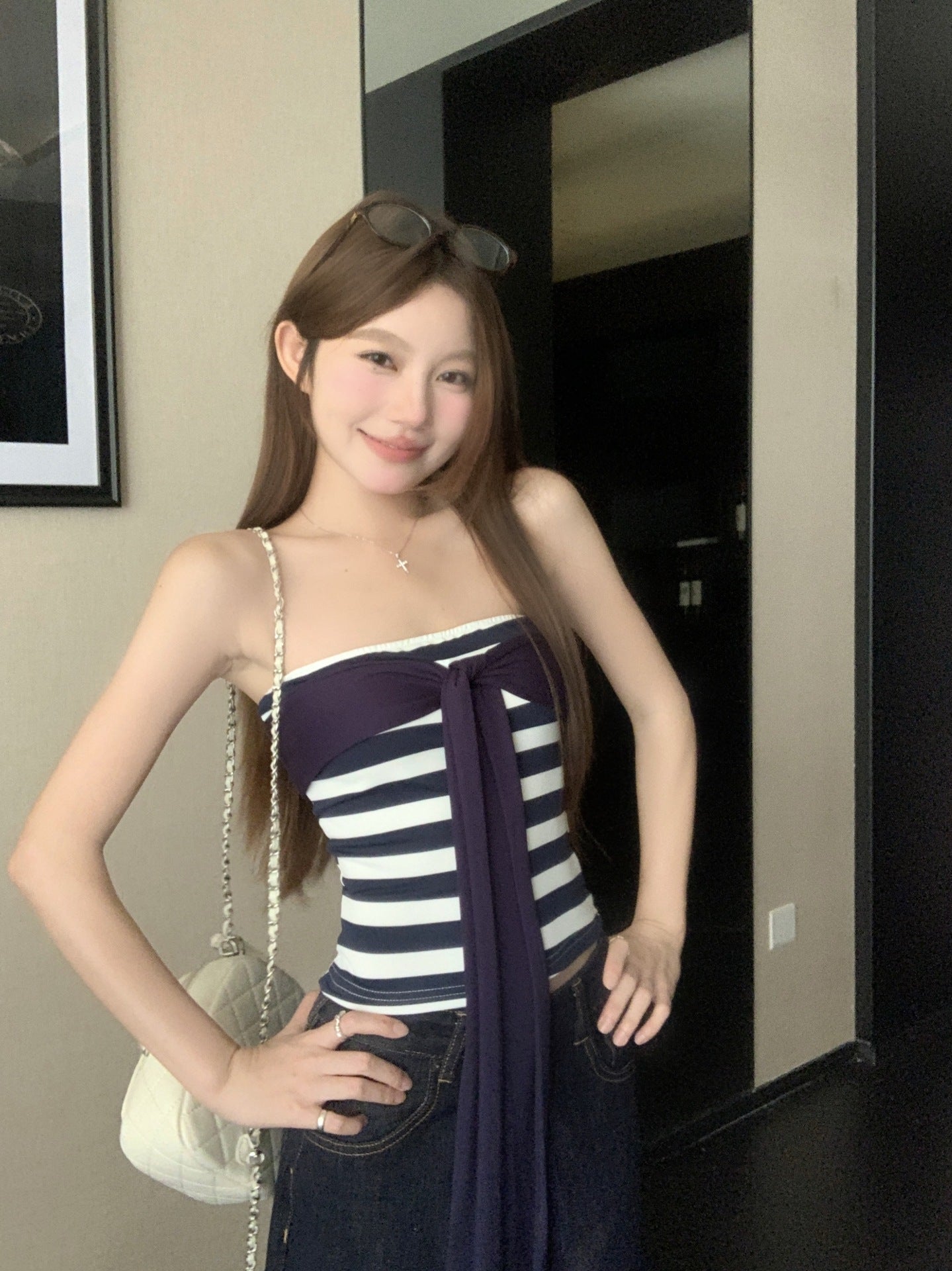 Pure Desire Large U-Neck Waist-Cinching Long-Sleeve T-Shirt for Women, Autumn Striped Tie Bandage Tube Top Layered Two-Piece Set, Korean Style, Elegant