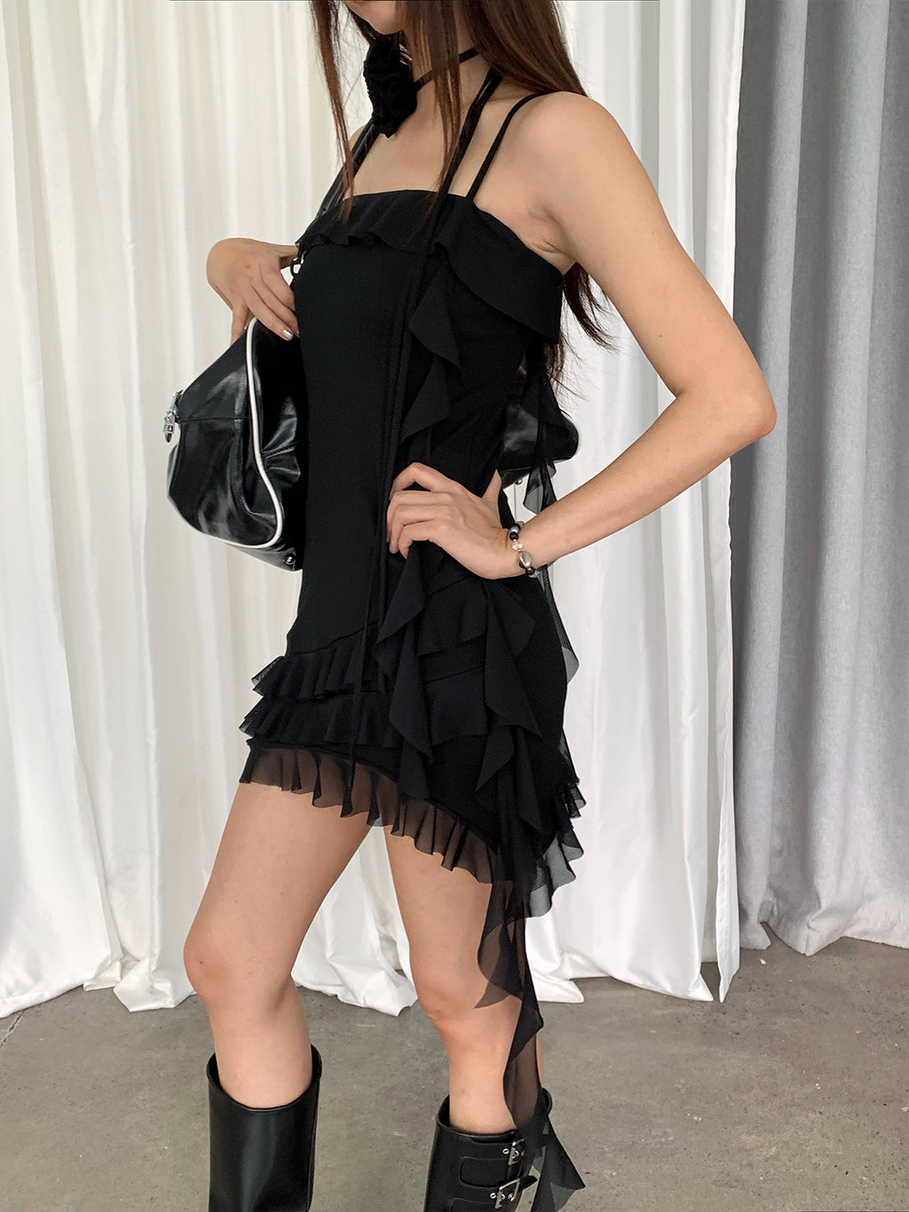 Dorothy South Korea Pure Desire Spice Girl Rose Irregular Mesh Stitching Sling dress Hip Skirt Women