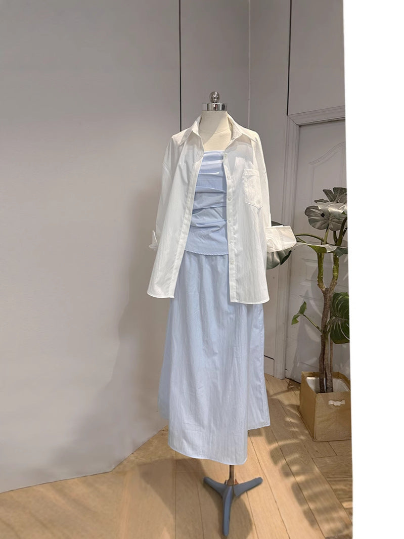 2025 Spring and Summer New Korean suit Shirt Strapless Top Skirt light blue