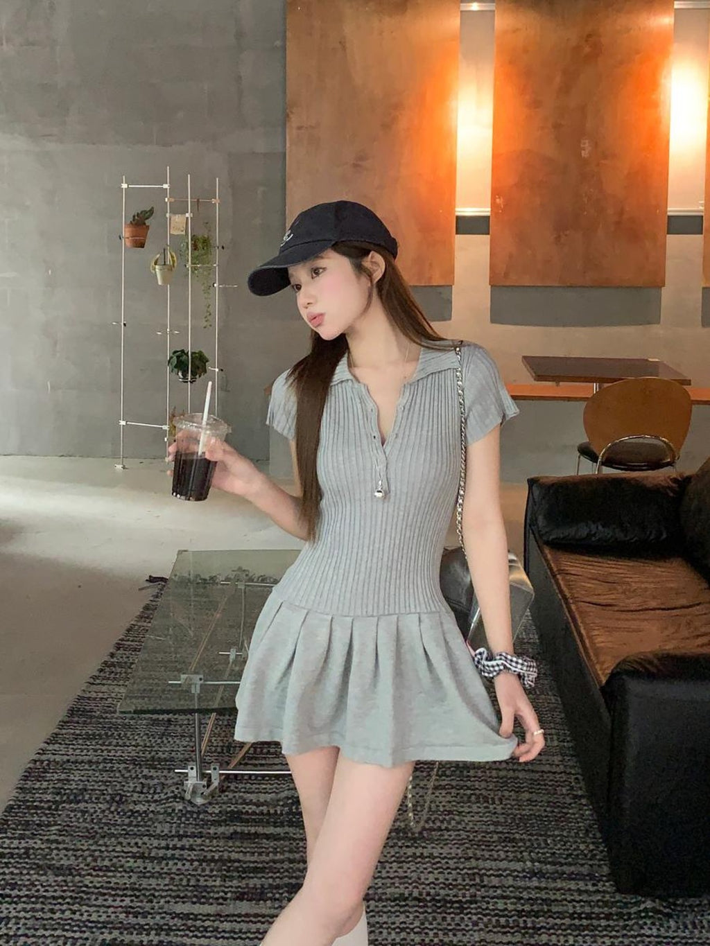 Grey Polo Neck Short-sleeved dress Women's Summer Slim-fit Tight Waisted Short Skirt Small Hot Girl Slim A- line Skirt
