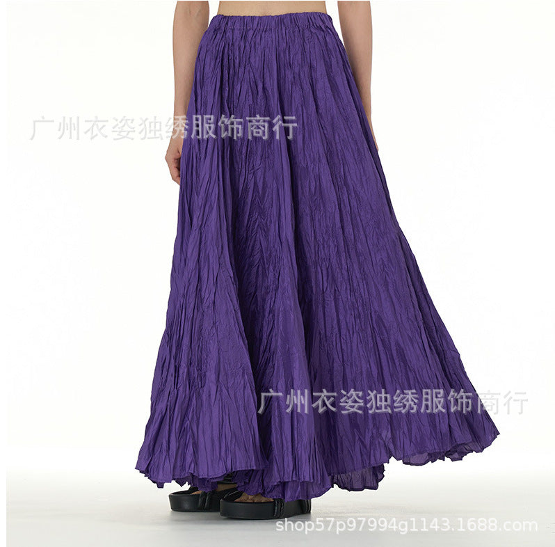 Amazon European and American Style Simple Crinkled Midi Skirt 2026 Summer New Fashion Brand Women's Clothing Trendy Versatile Oversized Flared Skirt