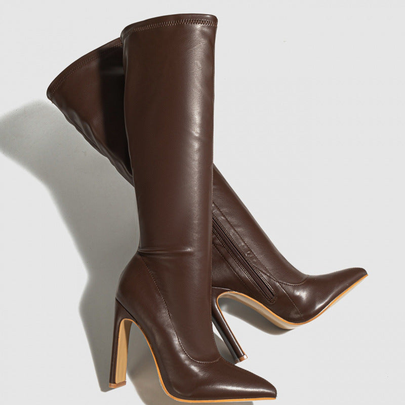 3300-10 European and American Nude Boots, Elegant Pointed Toe High-Heeled Boots, Stiletto Heels, Slim and Versatile Knight Boots, Size 35-42