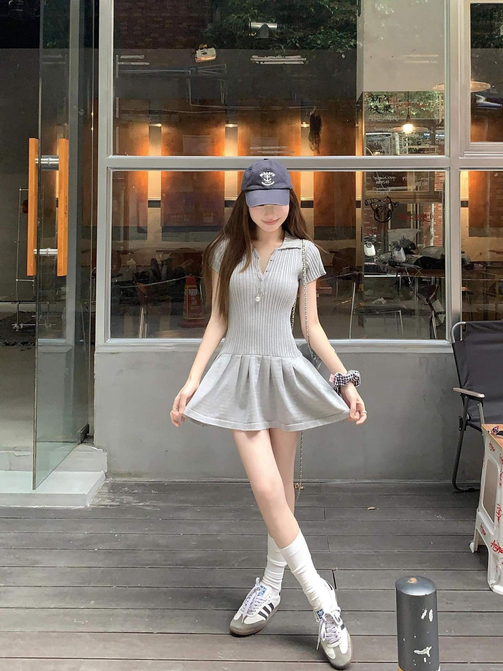 Grey Polo Neck Short-sleeved dress Women's Summer Slim-fit Tight Waisted Short Skirt Small Hot Girl Slim A- line Skirt