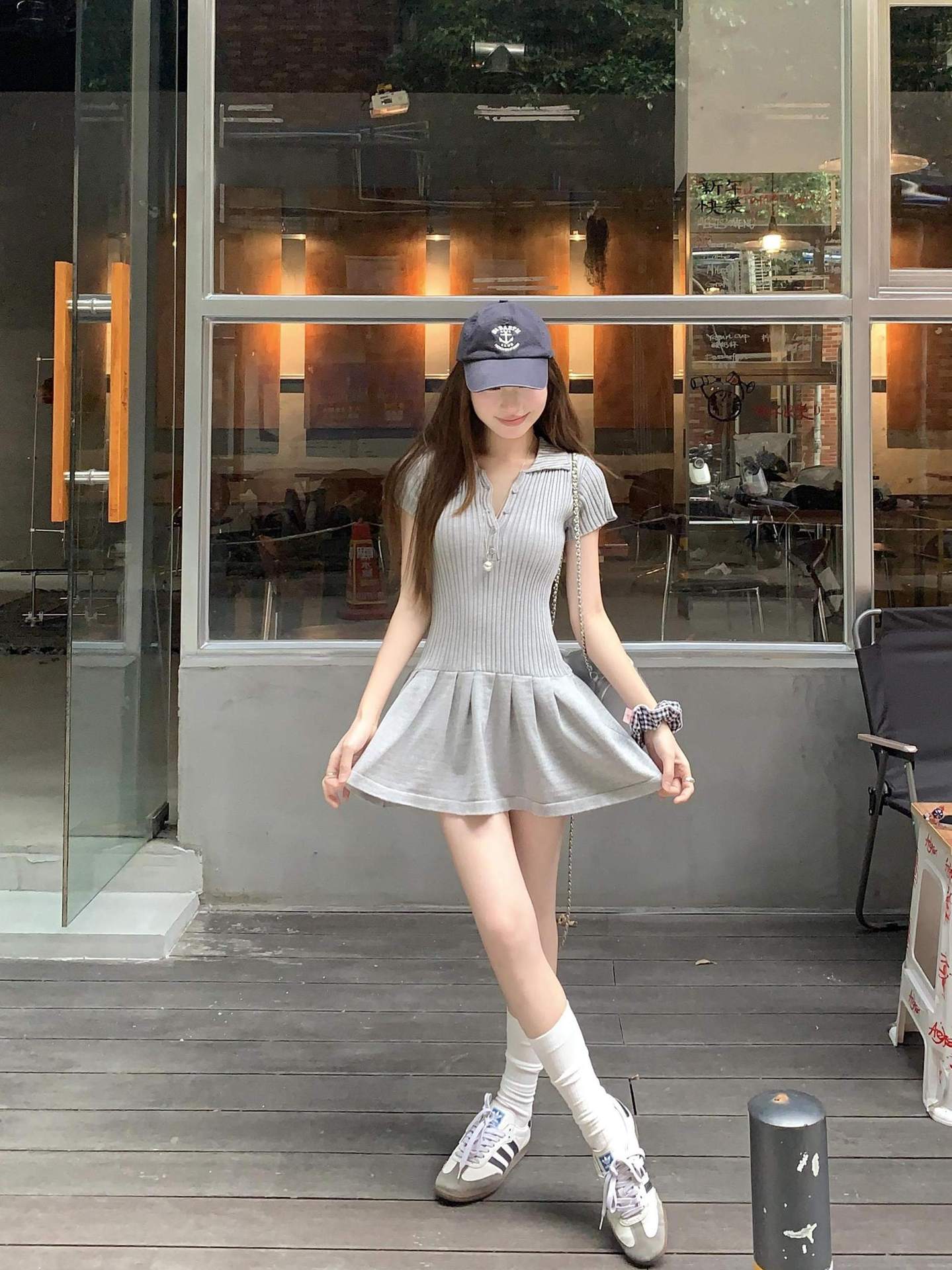 Grey Polo Neck Short-sleeved dress Women's Summer Slim-fit Tight Waisted Short Skirt Small Hot Girl Slim A- line Skirt