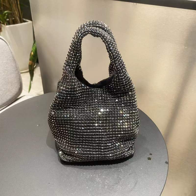 New Rhinestone Handbag Hard Bottom Shaping 2024 Guangzhou Quality Vest Bucket Shoulder Bag Chain Dinner Wallet