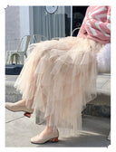 Spring and Summer Korean Style Elastic Waist Fashionable and Versatile Slimming Mesh Splicing Irregular Mid-Length High-Waisted Skirt