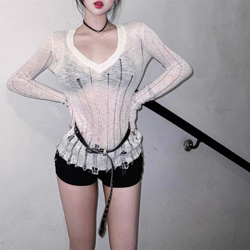 Pure Desire Style Small Hollow-out Lazy V-neck Thin Blouse Hole Sexy Waist Wool Sweater Long-sleeved Slim-fit Top for Women