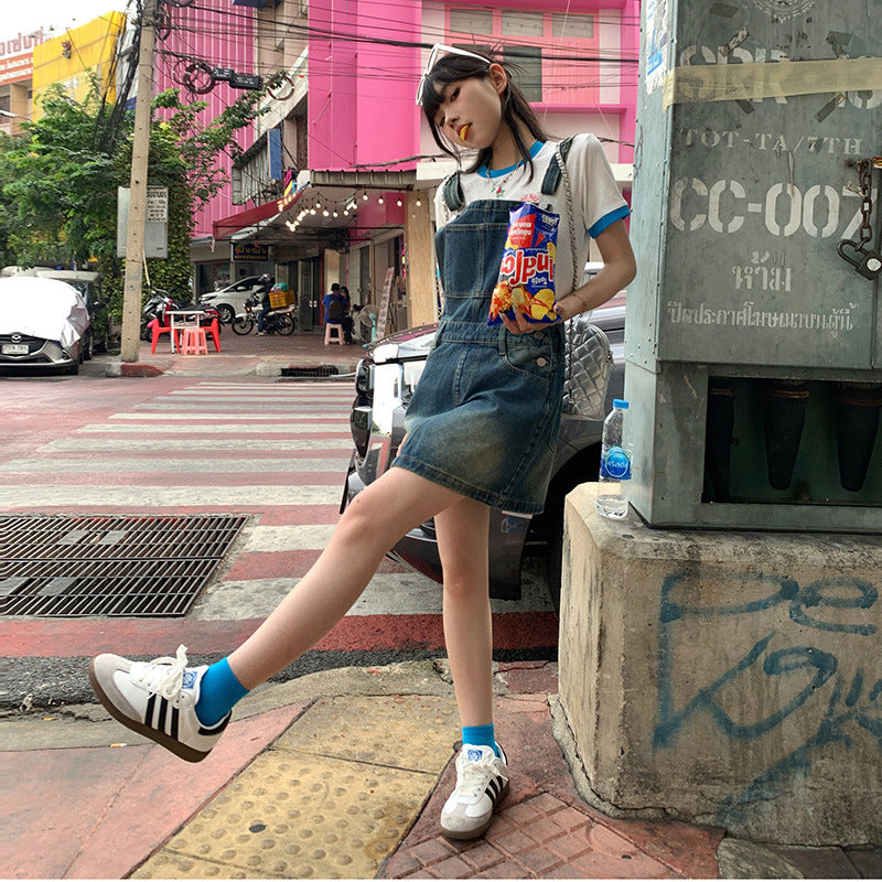 YC & American Retro Sweet Girl Strap Skirt A- line Skirt Slimming Joker dress Denim Skirt Spring and Summer
