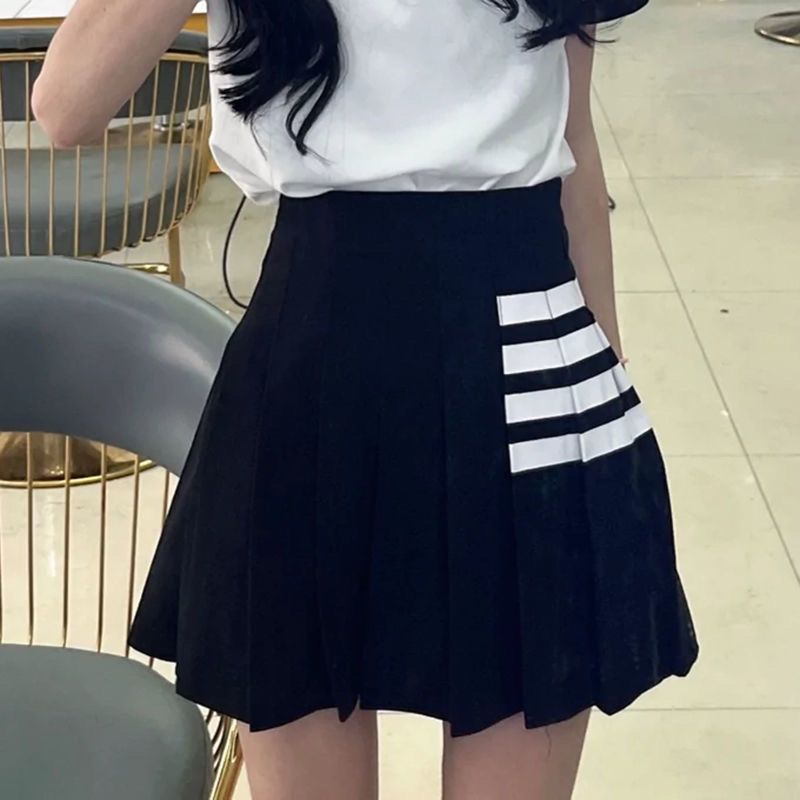 High-Waisted Striped Pleated Mini Skirt