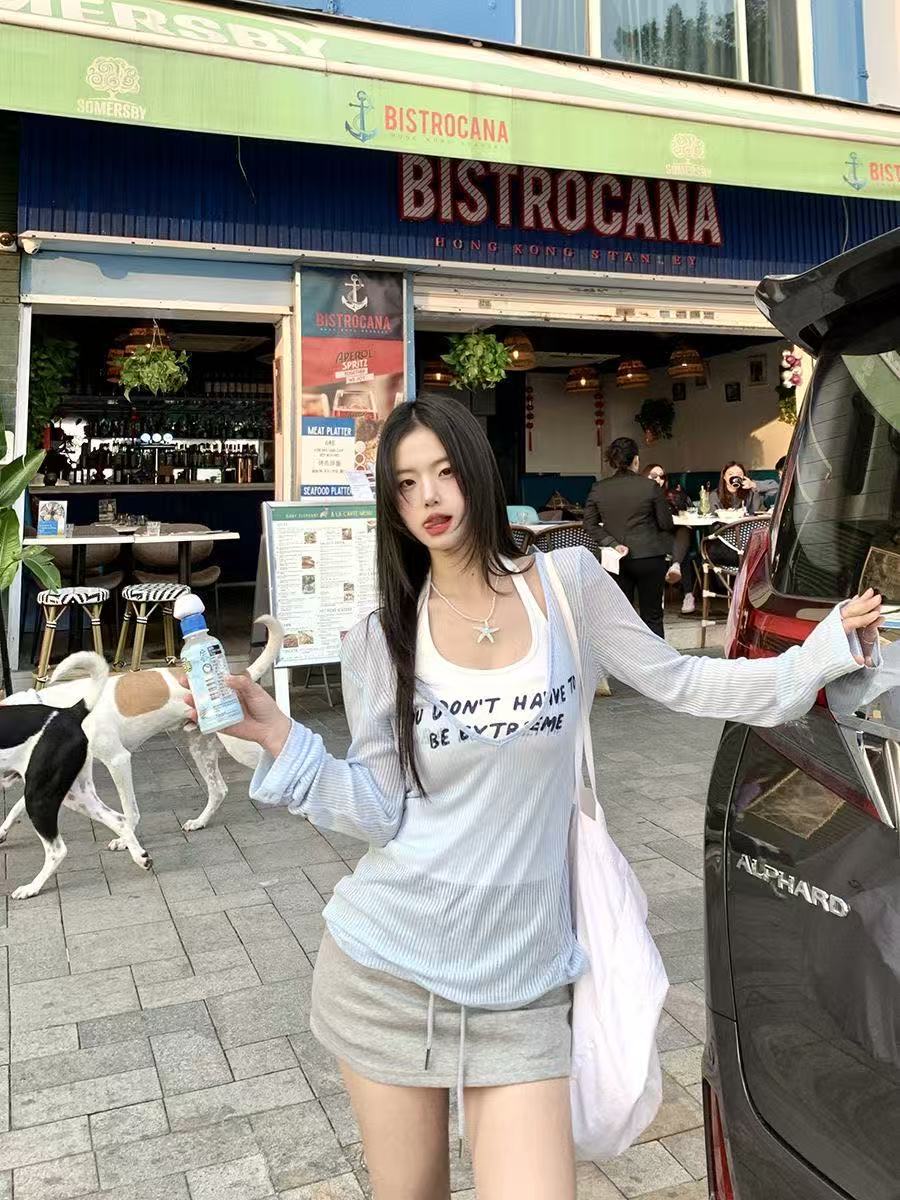 suit Sunscreen Slim Fit T-shirt Pure Desire Style Blouse Slimming Long Sleeve Sling Summer Vest Top Fashion Two-piece Set