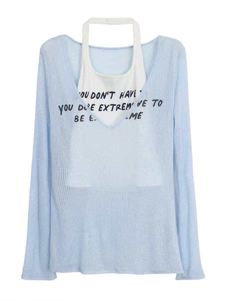 suit Sunscreen Slim Fit T-shirt Pure Desire Style Blouse Slimming Long Sleeve Sling Summer Vest Top Fashion Two-piece Set