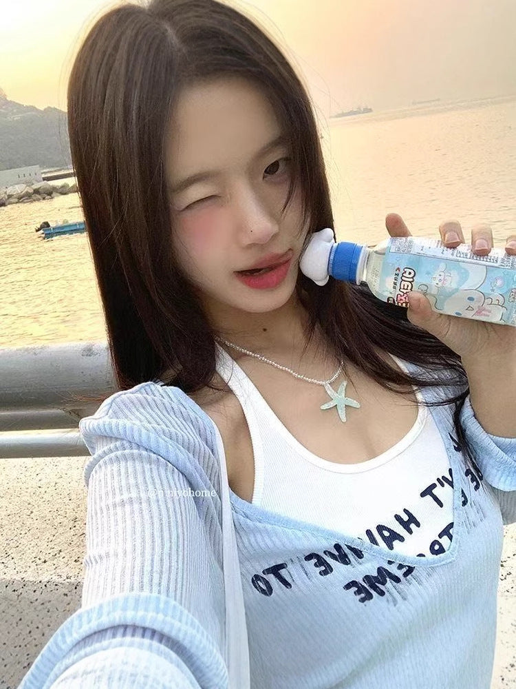 suit Sunscreen Slim Fit T-shirt Pure Desire Style Blouse Slimming Long Sleeve Sling Summer Vest Top Fashion Two-piece Set