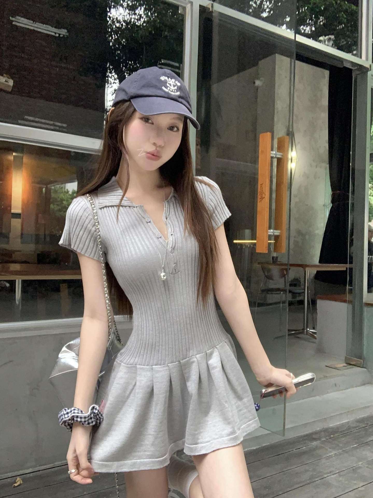 Grey Polo Neck Short-sleeved dress Women's Summer Slim-fit Tight Waisted Short Skirt Small Hot Girl Slim A- line Skirt