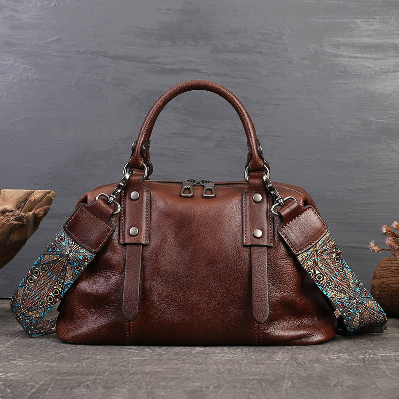 Women's Zipper Handbag First Layer Cowhide Adjustable Shoulder Bag Business Style Tote Bag Genuine Leather Women's Bag Retro Style