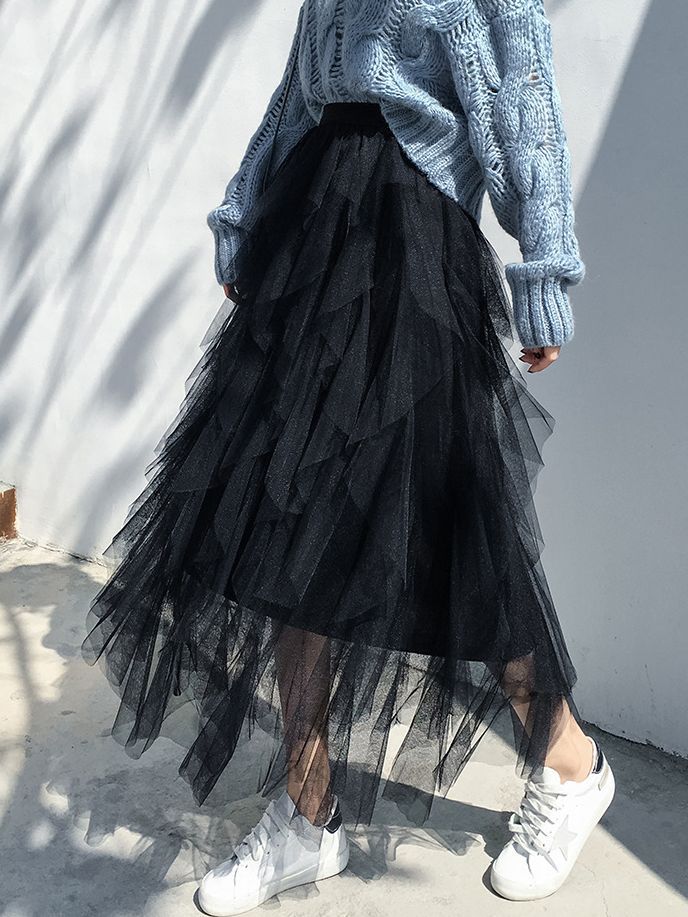 Spring and Summer Korean Style Elastic Waist Fashionable and Versatile Slimming Mesh Splicing Irregular Mid-Length High-Waisted Skirt