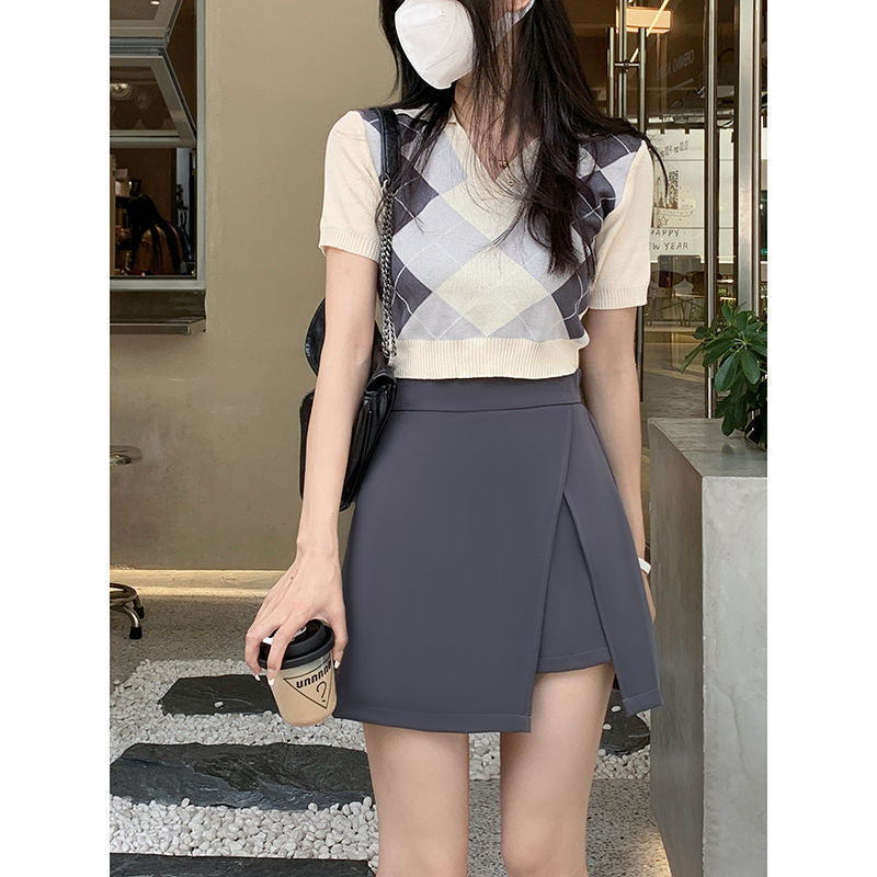 plus size chubby girl Black Split Skirt Women's Spring and Autumn Cover Span Slimming High Waist A- Line Skirt Grey Suit Culottes